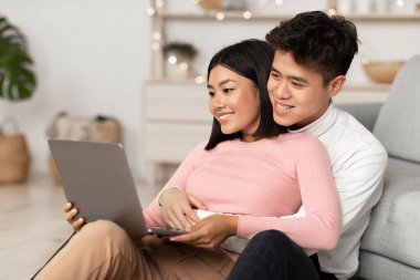 Mutlu Koreli Çift Evde Dizüstü bilgisayar İzliyor