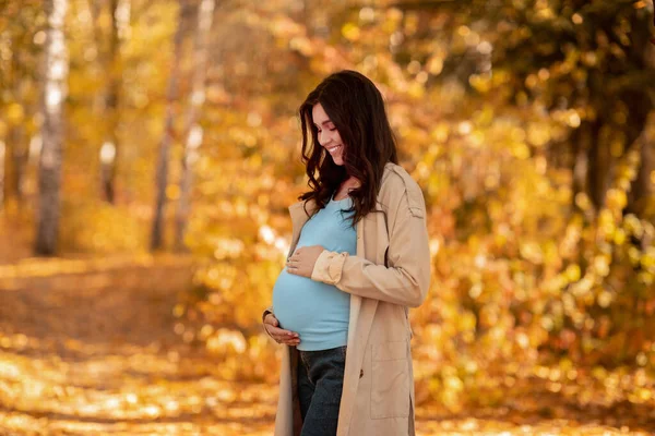 美しい晴れた日に秋の公園を歩いている間に彼女の腹を抱く豪華な妊婦 — ストック写真