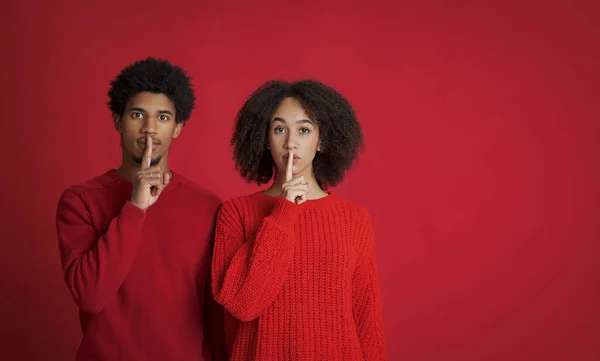 Calm african american young female and male in sweaters make silence sign, keep fore fingers on lips
