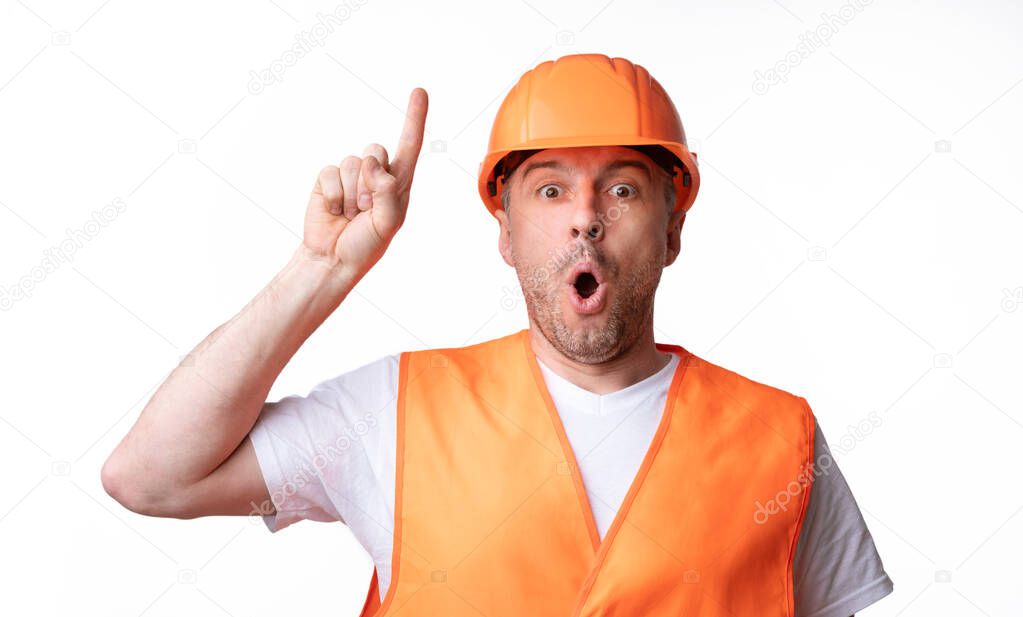 Builder Worker Pointing Finger Up Having Idea On White Background