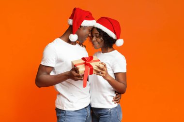 Noel Baba şapkalı Afrikalı çift birbirlerine sarılıyorlar.