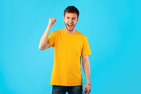 Portrait of happy man screaming with healing fists — Stok Foto