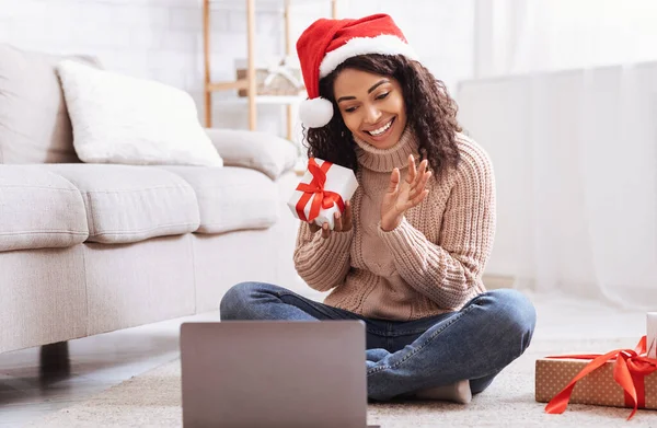 Black Woman Opening Present Box At Home