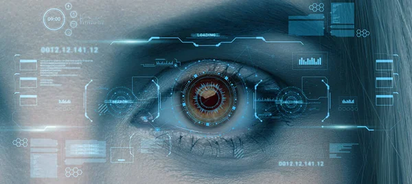 Retina skanning av kvinnliga ögon, collage med futuristiska data på virtuell skärm. Användarbiometriskt identifieringssystem — Stockfoto