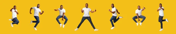 Collage of jumping millennial black guy on yellow background — Stock Photo, Image