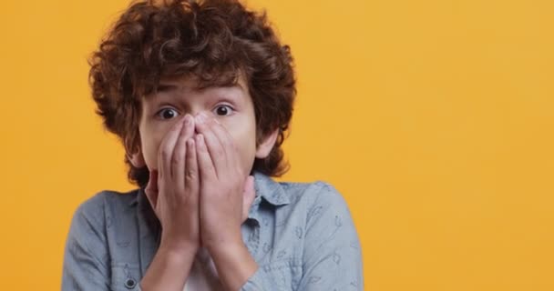 Studio πορτρέτο του έκπληκτος μικρό αγόρι κλείνοντας το στόμα στο φόβο, αναζητούν φοβισμένοι — Αρχείο Βίντεο