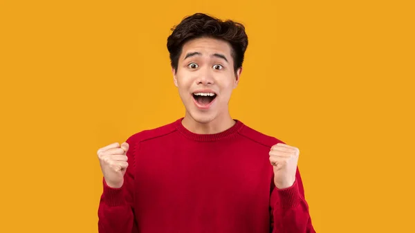Retrato de excitado asiático modelo masculino gritando com levantado punhos — Fotografia de Stock