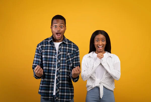 Excited millennial african american couple in love with wide open eyes and mouths, expresses emotions of victory — Stock Photo, Image