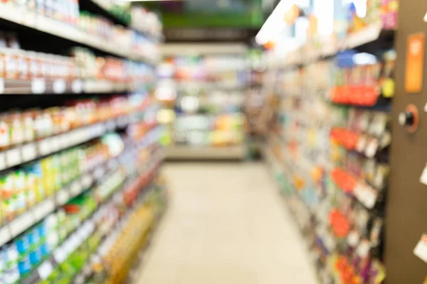 Blurred Supermarket Background, Grocery Store Aisle With Shelves And Products — Stock Photo, Image