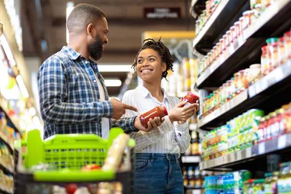 Black Family Couple Shopping Groceries In Supermarket Buying Food