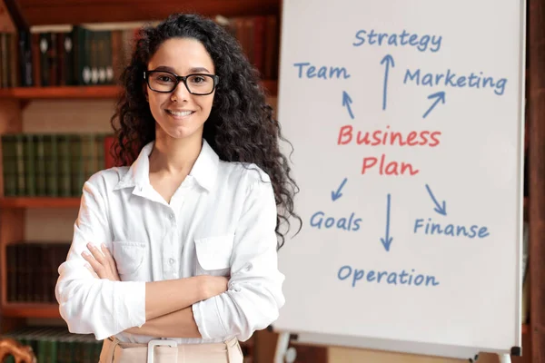 Zelfverzekerde zakenvrouw in bril poseren in de buurt van whiteboard — Stockfoto