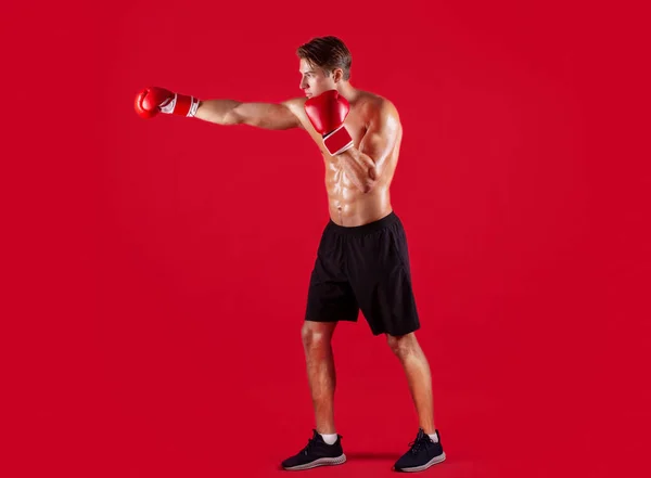 Vista lateral del joven boxeador profesional en guantes lanzando ponche sobre fondo de estudio rojo —  Fotos de Stock