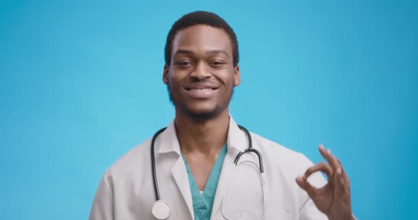 Retrato de estudio del médico general negro confiado que muestra un gesto OK y un fondo azul sonriente — Vídeos de Stock