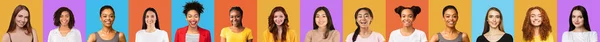 Happy Millennial mulheres e meninas enfrenta em fundos coloridos brilhantes — Fotografia de Stock