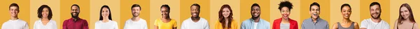 Collage Of Diverse Smiling People Faces Over Yellow Background, Panorama — Stock Photo, Image