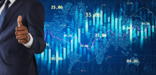 Sucesso nos negócios. Empresário mostrando polegar para cima sobre o comércio mercado de ações gráficos fundo — Fotografia de Stock