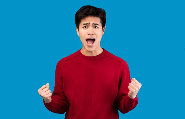 Retrato de excitado asiático modelo masculino gritando con los puños levantados —  Fotos de Stock
