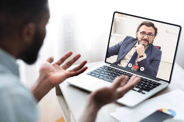 African Businessman Making Video Call Communicating With Coworker From Home — Stock Photo, Image