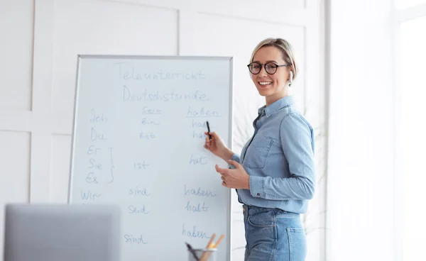 Happy young teacher standing near blackboard and explaining German lesson to students online from home, panorama