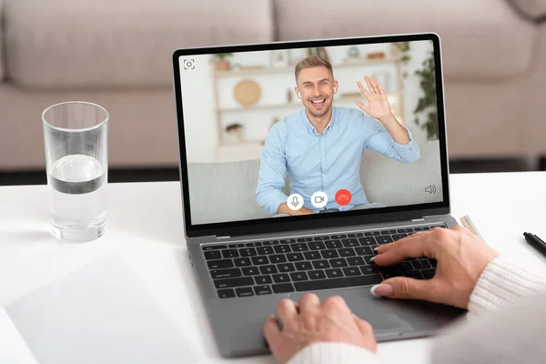 Man Learning via Video Call integetés Hello To Teacher Indoors — Stock Fotó