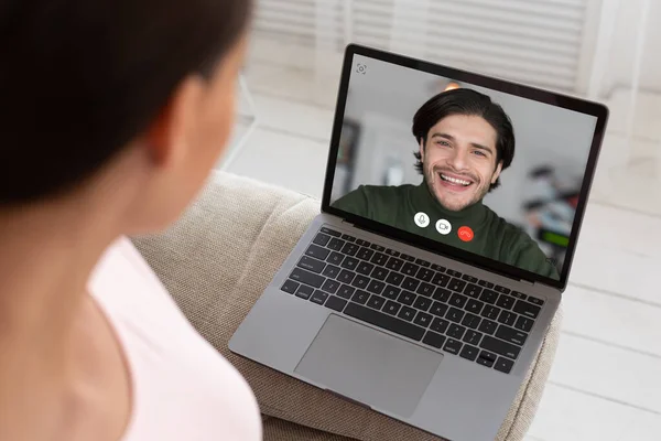 Wife Making Video Call On Laptop Calling Husband At Home — Stock Photo, Image