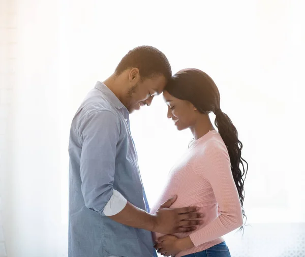 Carinhoso homem negro abraçando suas esposas grávidas barriga perto da janela dentro de casa, vista lateral — Fotografia de Stock