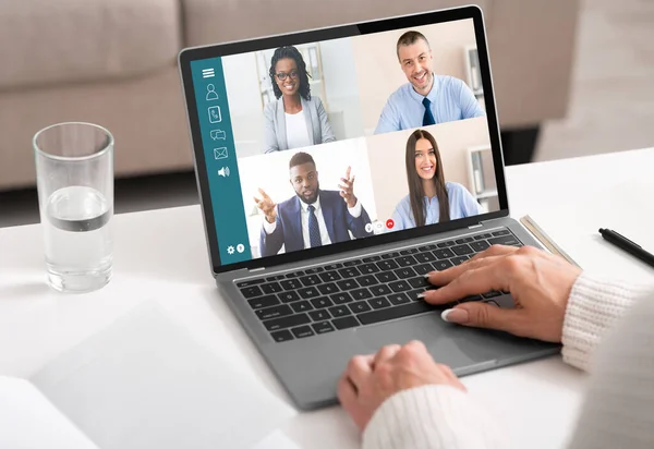 Unrecognizable lady having online conference with her business partners — Stock Photo, Image