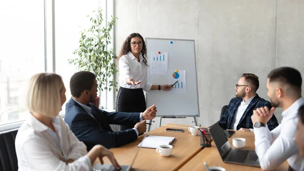 Businesswoman Giving Speech Pointing At Blackboard During Meeting In Office — Stock Photo, Image