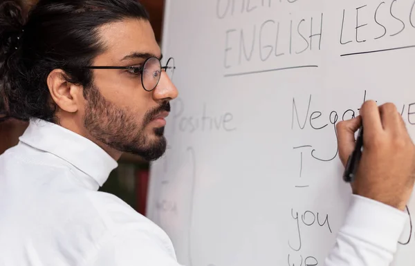 Hintli Öğretmen İngilizce Dil Bilgisi Yazıyor Tahtada Kapalı alanda Öğretim — Stok fotoğraf