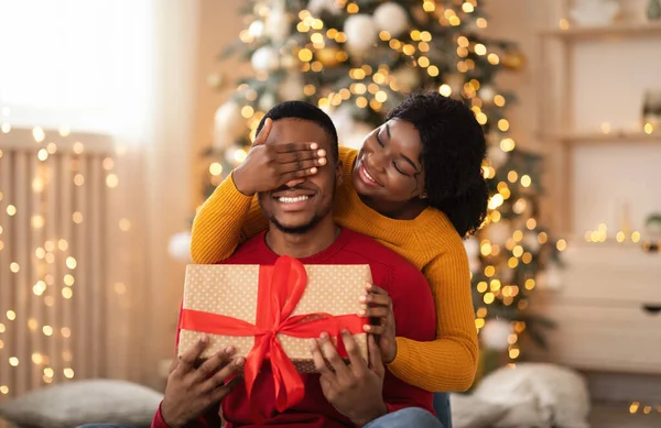 Ρομαντικό δώρο έκπληξη και Πρωτοχρονιά. Νεαρή ευτυχισμένη Αφροαμερικανή κυρία κλείνει τα μάτια στον άντρα της. — Φωτογραφία Αρχείου