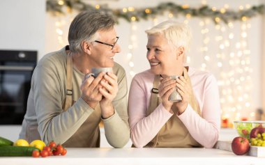 Noel arifesini kutlayan yaşlı çift mutfakta kakaonun tadını çıkarıyor.