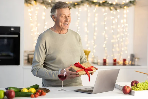 Senior Man Having Video Call On Christmas At Home — Stock Photo, Image