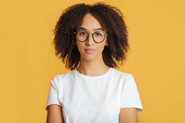 Çalışmaya hazır inek öğrenci. Gözlüklü Afro-Amerikan kadın kameraya bakıyor.