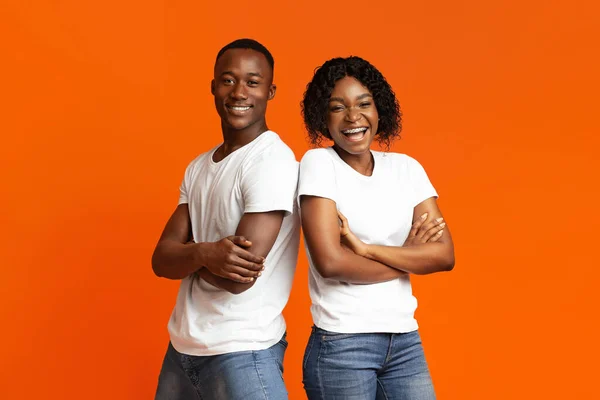 Homem e mulher afro-americanos bem-sucedidos que estão de costas para trás — Fotografia de Stock