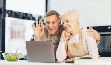 Mutfakta oturan dizüstü bilgisayarlı mutlu yaşlı çift videoları.