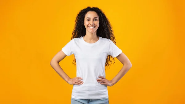 Vrolijke vrouw staande handen op de heupen, Studio neergeschoten, Panorama — Stockfoto