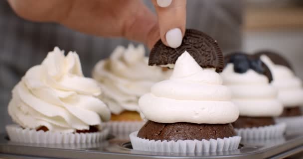 Processo di decorazione di cupcake con biscotti e mirtilli freschi, preparazione di dessert fatti a mano, primo piano — Video Stock