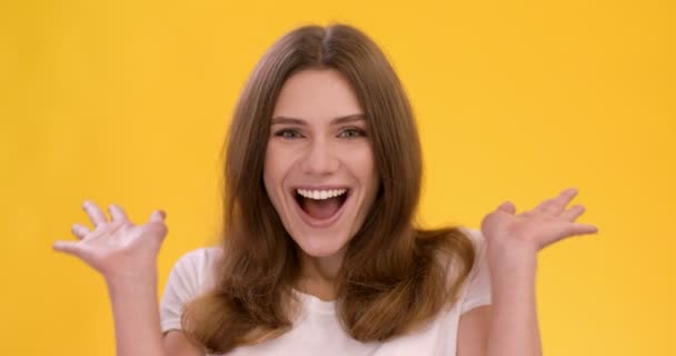 Young happy surprised woman shouting in amazement and delight, touching her cheeks, yellow studio background — Stock Video