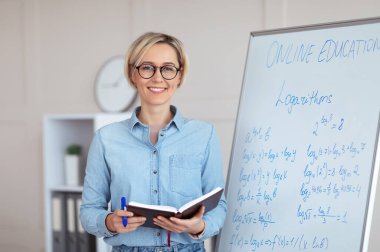 Matematik problemleriyle tahtaya yakın duran mutlu üniversite öğretmeninin portresi. İnternet dersi veriyor.