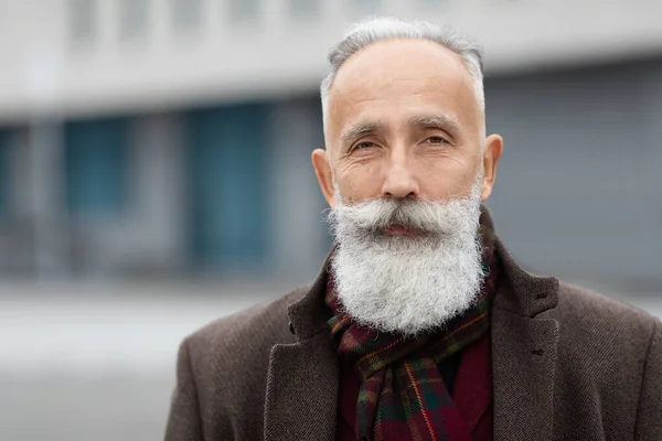 Ritratto di bell'uomo anziano dai capelli grigi in posa all'aperto — Foto Stock