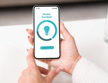 Akıllı Ev Otomasyonu için Akıllı Telefon uygulamasını kullanan kadın