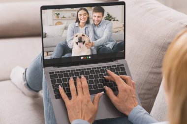 Genç bir kadın internette arkadaşları ya da ailesiyle konuşuyor. İnternetten video görüşmesi yapıyor. Bilgisayarda online konferans yapıyor.