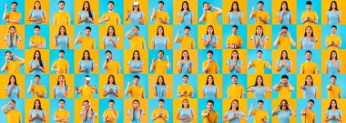 Farklı duyguları ifade eden genç kadın ve erkek kolajı