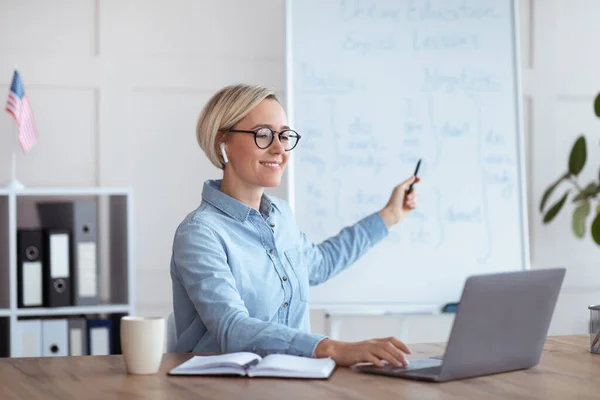 Junge Lehrerin leitet Online-Englischunterricht am Laptop, zeigt auf Tafel, erklärt Grammatikregeln — Stockfoto