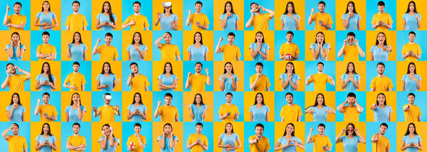 Collage of young woman and man expressing different emotions