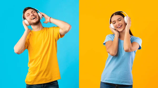 Lächelndes Paar genießt Musik mit Headset und Tanz — Stockfoto