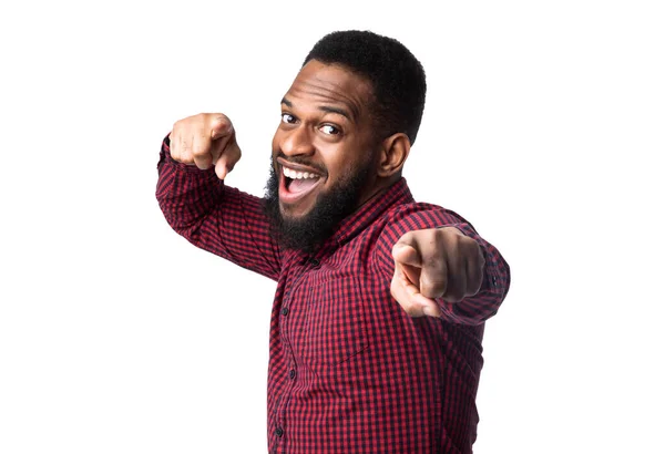 Positive Black Guy Pointing Fingers At Camera Over White Background — Stock Photo, Image