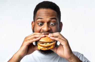Beyaz arka planda durup hamburger yiyen komik, aç Afrikalı adam.