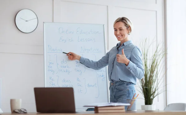 Online-Sprachschule. Professionelle Englischlehrerin erteilt Online-Unterricht am Laptop und zeigt Daumen-hoch-Geste zu Hause — Stockfoto