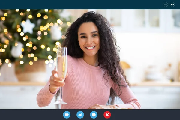 Online Christmas Celebration. Joyful Woman Cheering Champagne At Camera, Making Video Call — Stock Photo, Image